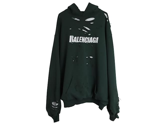 Balenciaga Oversized Distressed Logo-Print Jersey Hoodie in Green Cotton  ref.876583