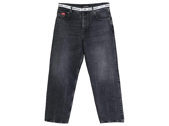 Jeans a gamba dritta con logo Balenciaga in vita in cotone nero  ref.876606