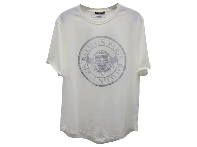 Camiseta de algodón blanco con logo de moneda de Balmain Crudo  ref.876609