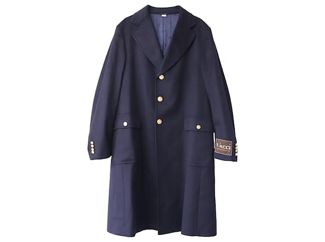 Gucci Logo Embroidered Long Coat in Navy Blue Cashmere Wool  ref.876611