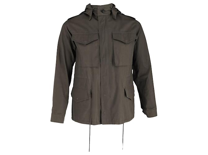 Sandro Paris Hooded Raincoat Jacket in Dark Khaki Cotton Green  ref.876651