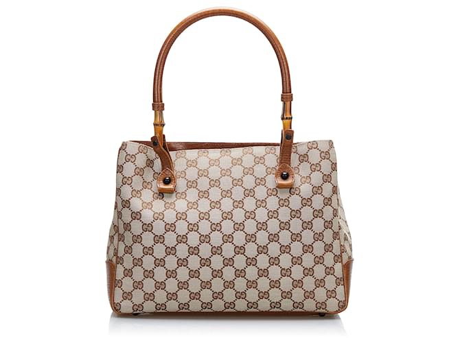 Gucci Brown GG Canvas Bamboo Tote Beige Leather Cloth Pony-style calfskin Cloth  ref.877052
