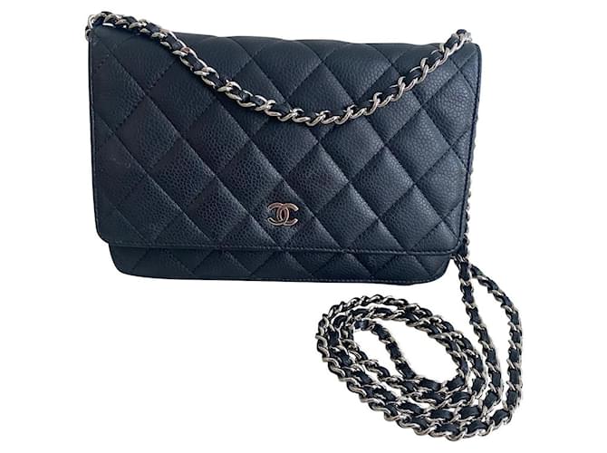 CHANEL WOC Chevron Patent Leather Crossbody Wallet On Chain Bag Blue