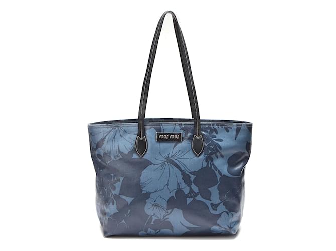 Miu Miu Einkaufstasche mit Blumendruck Blau Leinwand  ref.877888