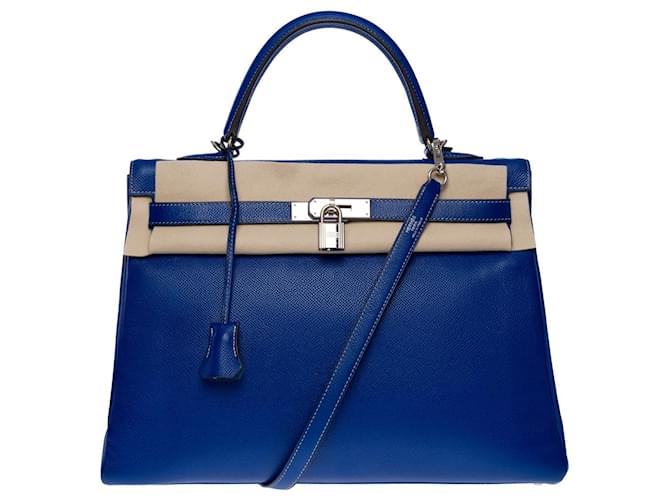 Hermès KELLY HANDTASCHE 35 blauer Bonbon-Schultergurt aus Leder-101165  ref.878562