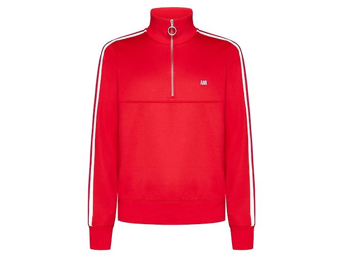 Ami Paris Striped Short-Zip High-Neck Sweatshirt Red