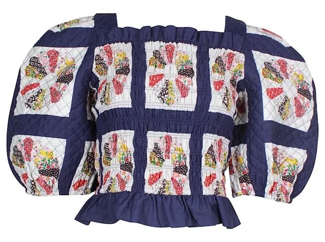 Sea New York SEA Open-Back Shirred Quilted Printed Top in Navy Blue Cotton  ref.878875