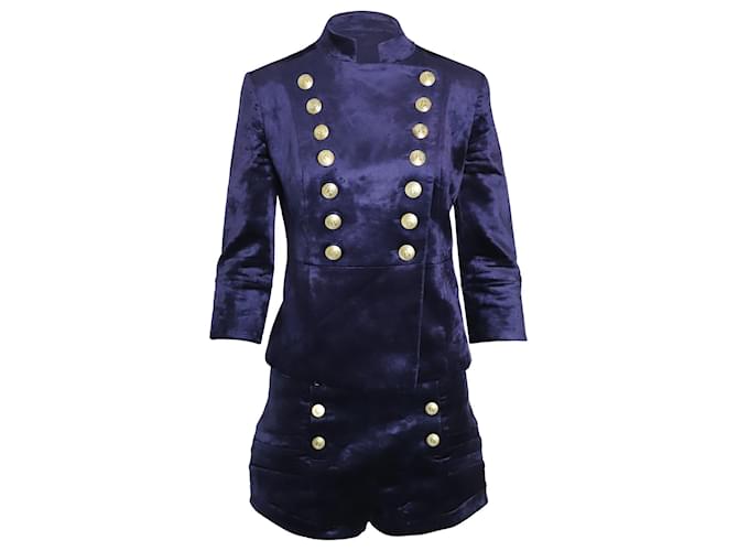 Conjunto de chaqueta militar y pantalones cortos en terciopelo azul de Pierre Balmain  ref.878881