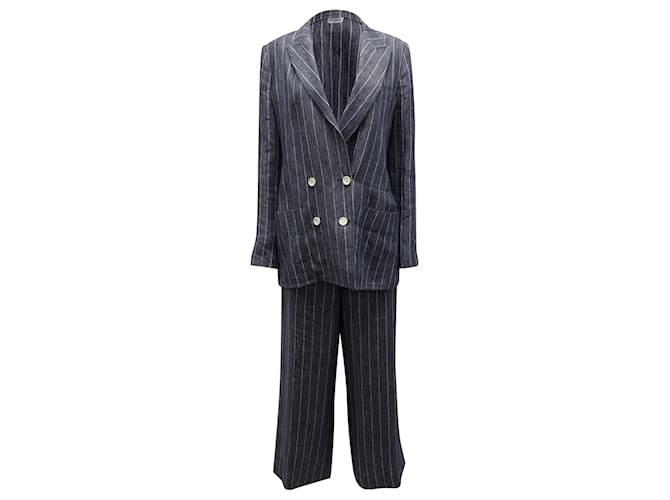 Max Mara Striped Double-Breasted Suit Set in Dark Grey Linen  ref.878884
