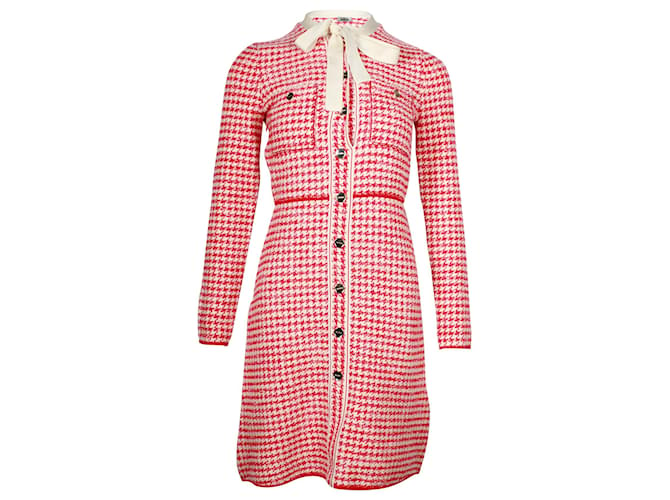 Sandro Paris Houndstooth Button-Up Dress in Red Cotton  ref.878896