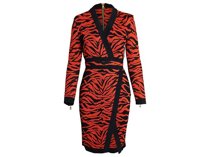 Balmain Vestido de malha estampado com efeito envolvente em viscose laranja Impressão em python