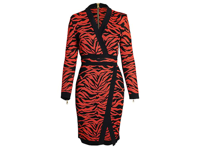 Balmain Wrap-Effect Printed Knit Dress in Orange Viscose Python print Cellulose fibre  ref.878922
