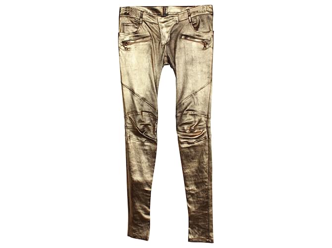 Pantaloni skinny Balmain in pelle di agnello color oro D'oro Metallico  ref.878923