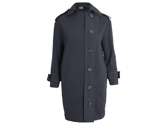 Lanvin Button-Front Trench Coat in Black Polyester