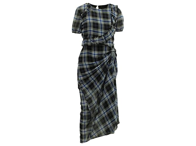 Maje Side-ruched Plaid Maxi Dress in Blue/Black silk  ref.878962