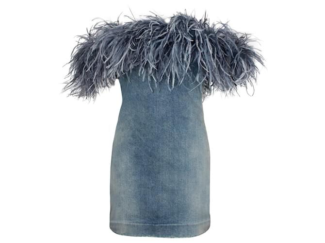 Saint Laurent Feather Trim Mini Dress in Blue Cotton Denim  ref.879004