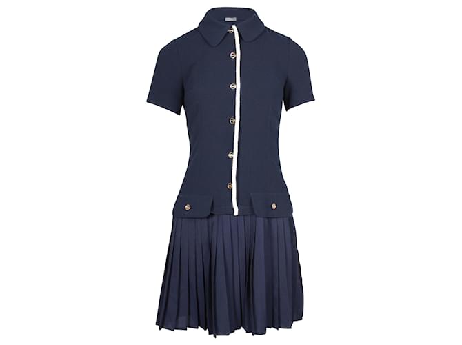 Sandro Paris Pleated Skirt Mini Dress in Navy Blue Polyester  ref.879006