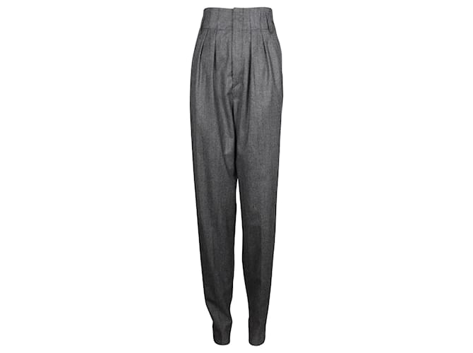 Isabel Marant Pantalon droit taille haute plissé en laine vierge grise  ref.879021
