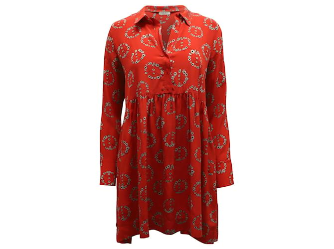 Sandro Paris Long Sleeve Mini Shift Dress in Red Print Silk  ref.879037