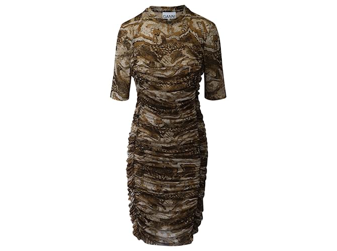 Ganni Ruched Mini Dress in Brown Print Polyamide  ref.879050