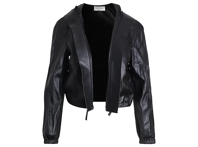 Valentino Garavani Valentino Hooded Cropped Jacket in Black Lambskin Leather  ref.879067