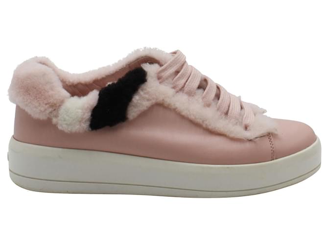 Prada Shearling-Trimmed Sneakers in Pink Leather  ref.879219