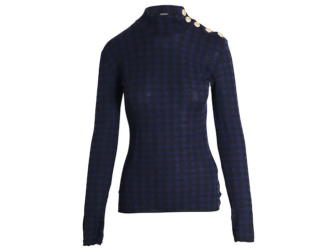 Balmain Studded-Shoulder Diamond Print Long Sleeve Top in Multicolor Wool Python print