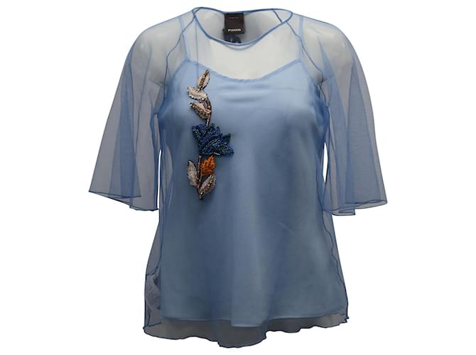 Blusa con pedrería floral de Pinko en mezcla de seda azul claro Poliamida  ref.880181