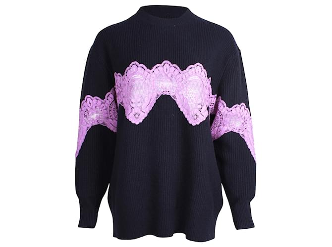 Sandro Lace-Accent Sweater Top in Navy Blue Wool  ref.880208