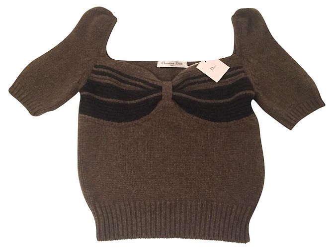 Dior Kurzarm Pullover aus Kaschmir khaki und schwarz