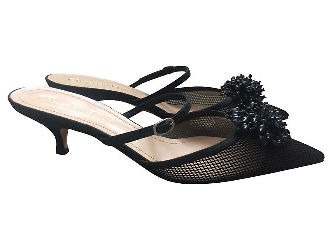 Dior Mule Pumps Schwarzer Netzstoff mit Perlen Couture