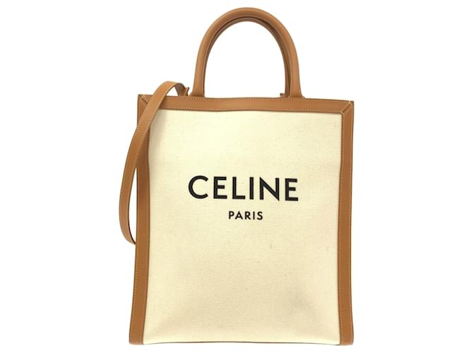 Céline Celine Brown Small Vertical Cabas Satchel Beige Cloth Cloth