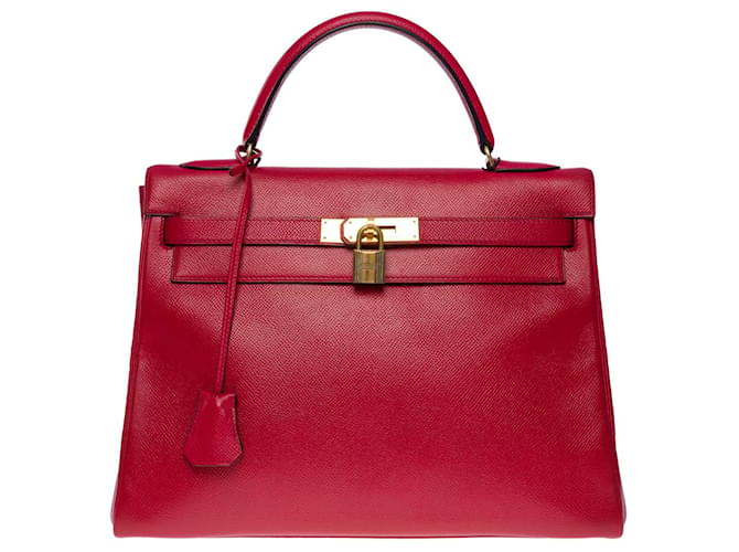 Hermès KELLY HANDBAG 32 turned shoulder strap in red courchevel leather-101148  ref.881206