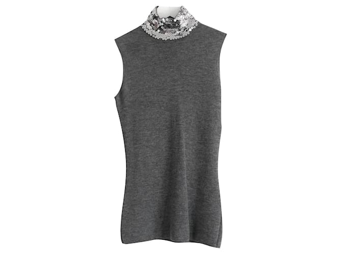 Dior sequin embellished high neck sleeveless sweater  Grey Silk Wool  ref.881231