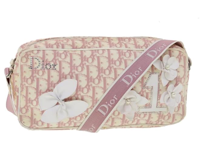 Christian Dior Trotter Canvas Flower Shoulder Bag Pink Auth rd4630