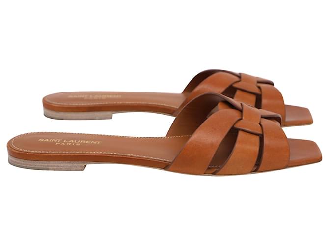 Saint Laurent Flat Tribute Slide Sandals in Brown Leather   ref.882438