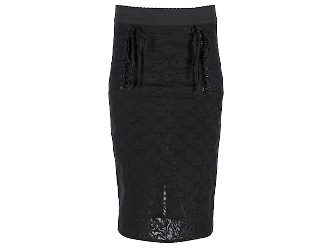 Falda lápiz midi de encaje negro de Dolce & Gabbana Nylon  ref.882444
