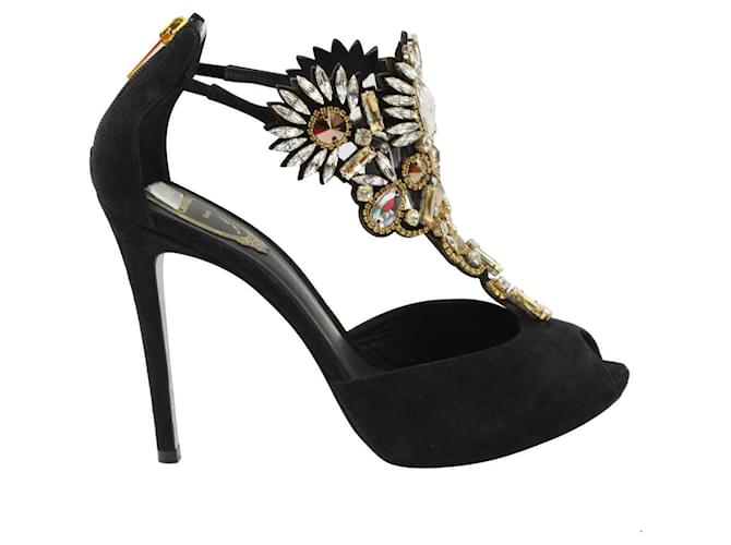 Rene Caovilla Crystal-Embellished High Heel Sandals in Black Suede  ref.882479