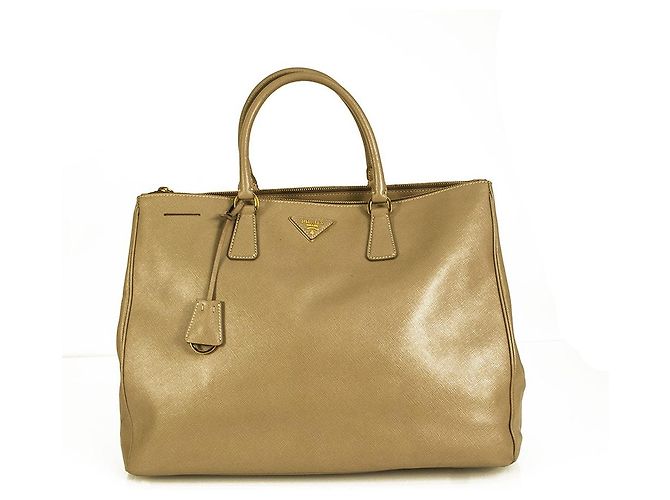 Borsa shopper PRADA XL Saffiano Lux foderata con zip in pelle beige Visone