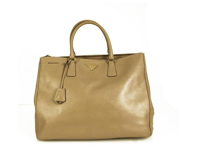PRADA XL Saffiano Lux cabas zippé en cuir beige sac à main shopper Visone  ref.882585