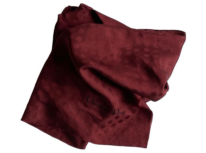 Lenço Christian Dior de seda bordeaux com padrão de bolinhas
