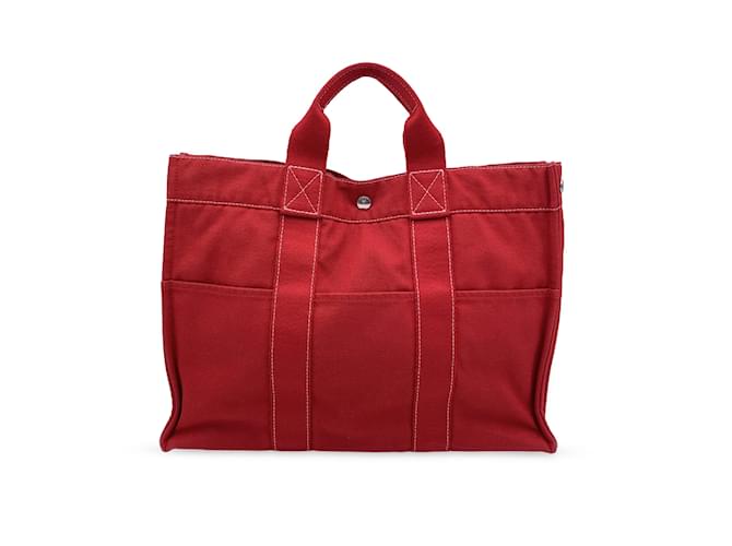 Hermès Hermes Paris Vintage Red Canvas Cotton cabas MM Bag Tote Toile Rouge  ref.884219