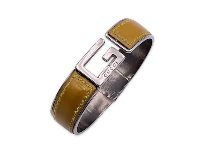 Gucci Bracelet jonc en cuir verni jaune métal argenté avec logo G Plastique  ref.884229