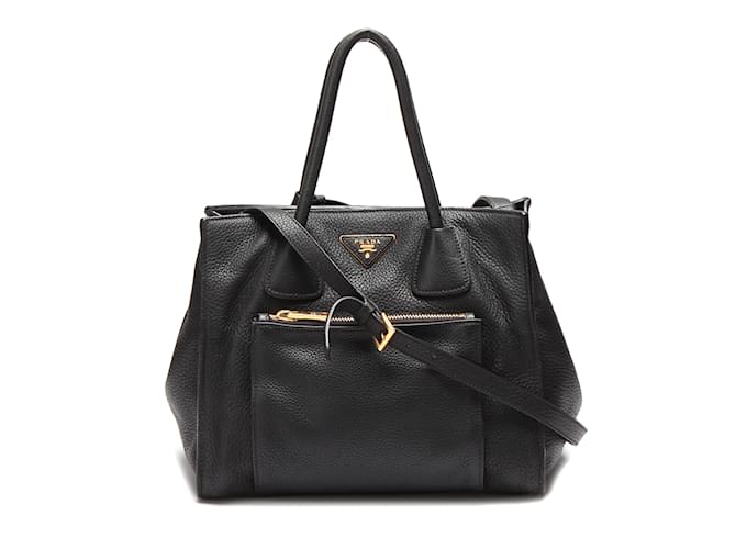 Prada Vitello Daino Twin Tote Black Leather Pony style calfskin ref.884240 Joli Closet