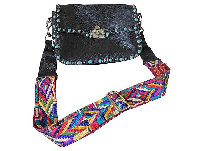 Valentino Garavani Borsa Valentino Guitar Rockstud nera con tracolla colorata Nero
