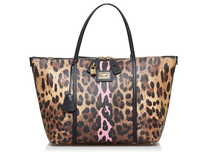 Dolce & Gabbana Dolce&Gabbana Bolso tote marrón con estampado de leopardo Miss Escape Castaño Lienzo Paño  ref.886013