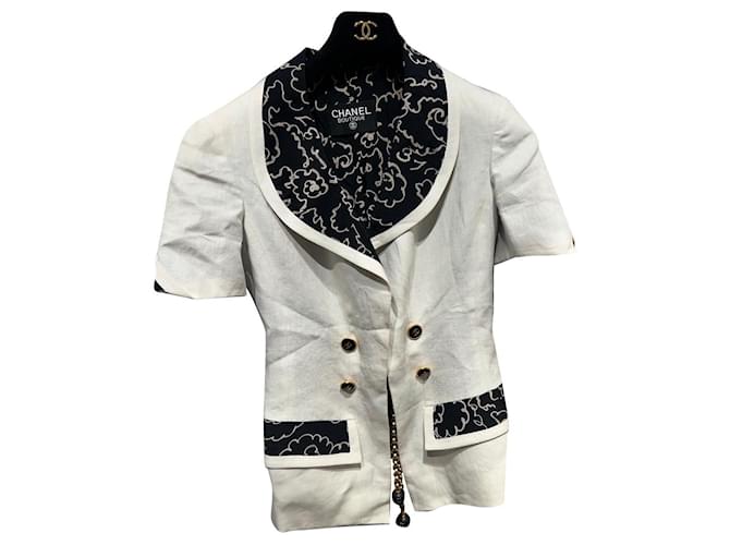 Chanel Jackets Black White Silk Linen  ref.886499