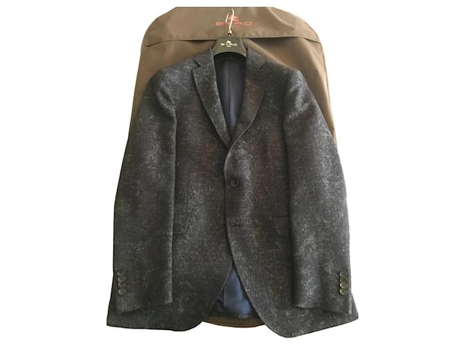 Etro Jacquard Blazer Navy blue Cotton Wool Linen  ref.886502
