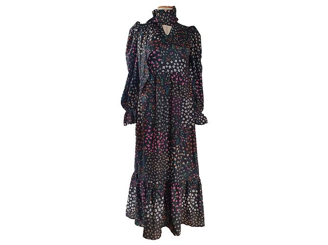 Autre Marque Meadow Maxikleid mit Bindekragen Schwarz Mehrfarben
