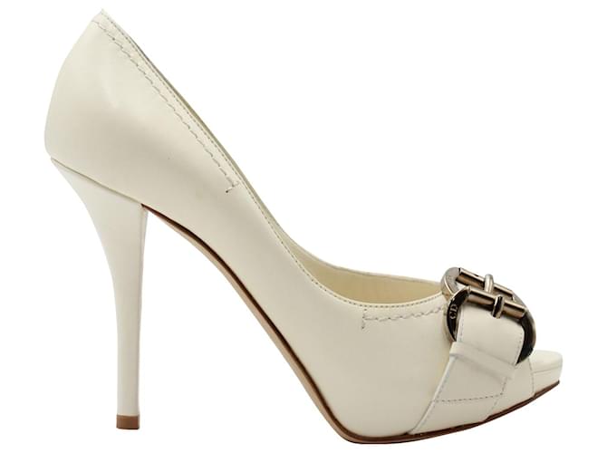 Dior Amazone Peep-Toe Pumps in Cream Leather White  ref.887235